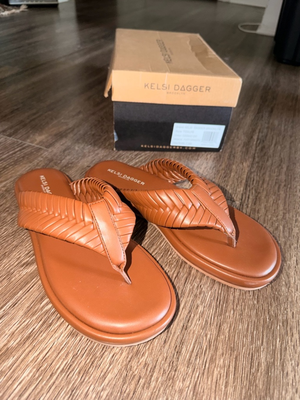 Kelsi Dagger Braided Leather Thong Sandals in Cognac Brown
